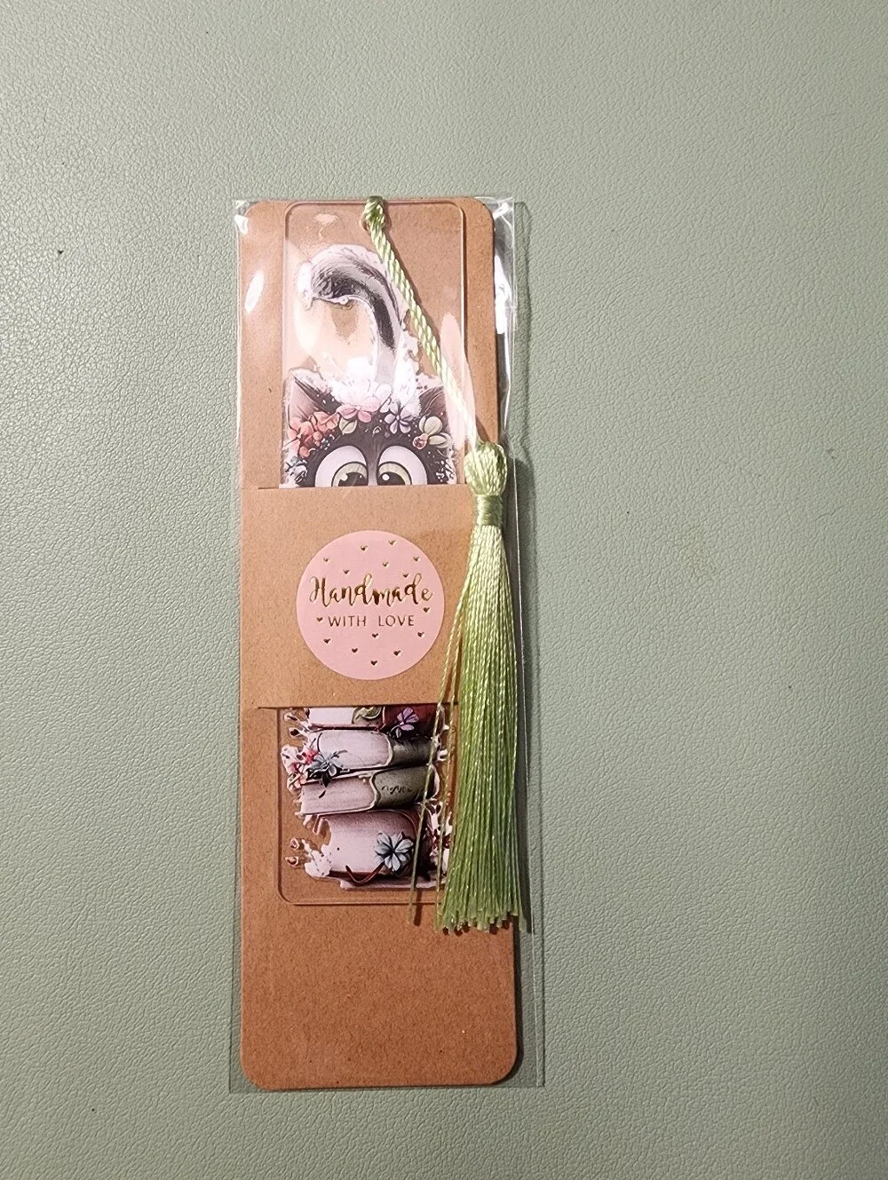 Cute Cat Floral Bookmark - Green Tassel